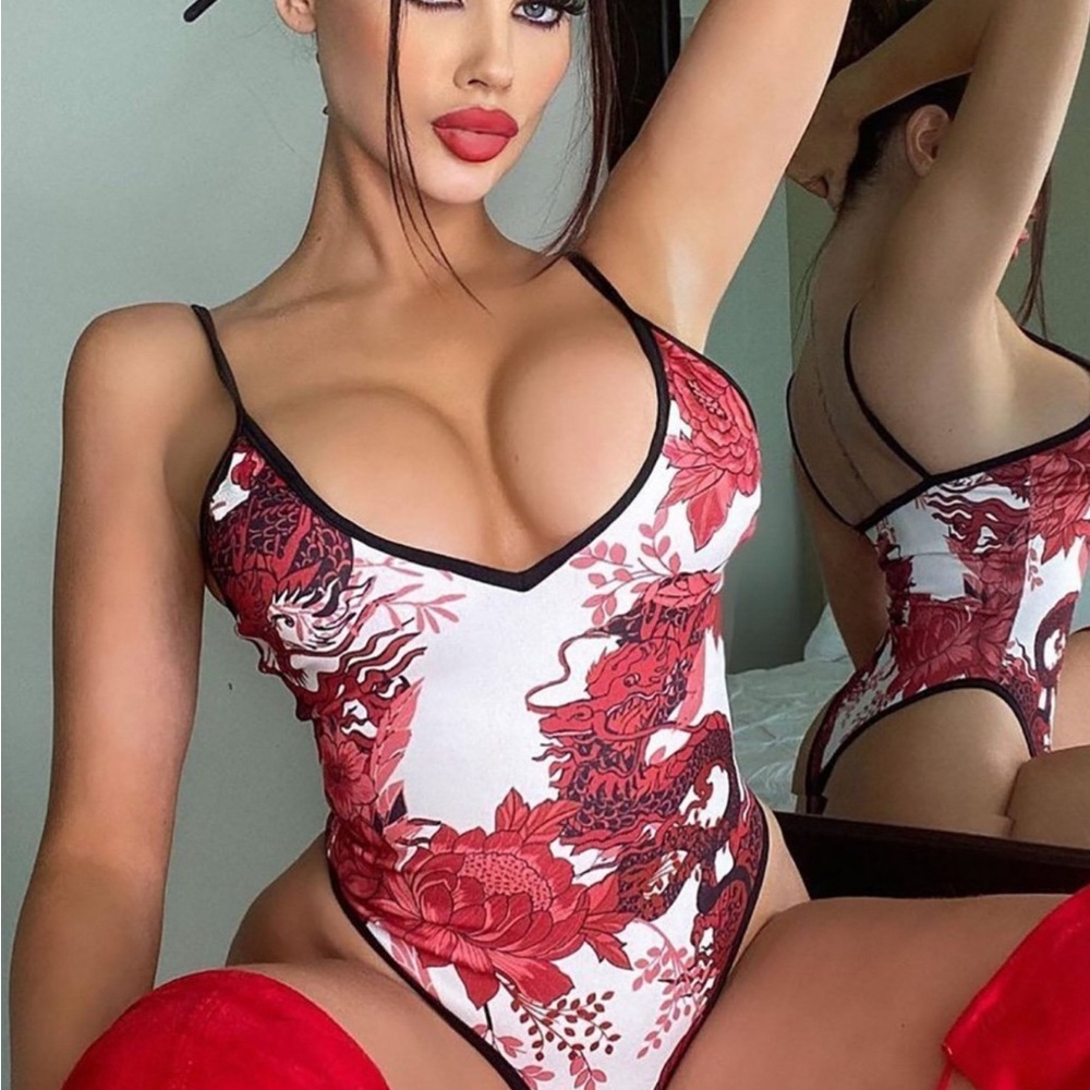Red and White Dragon Floral Women's Bodysuit